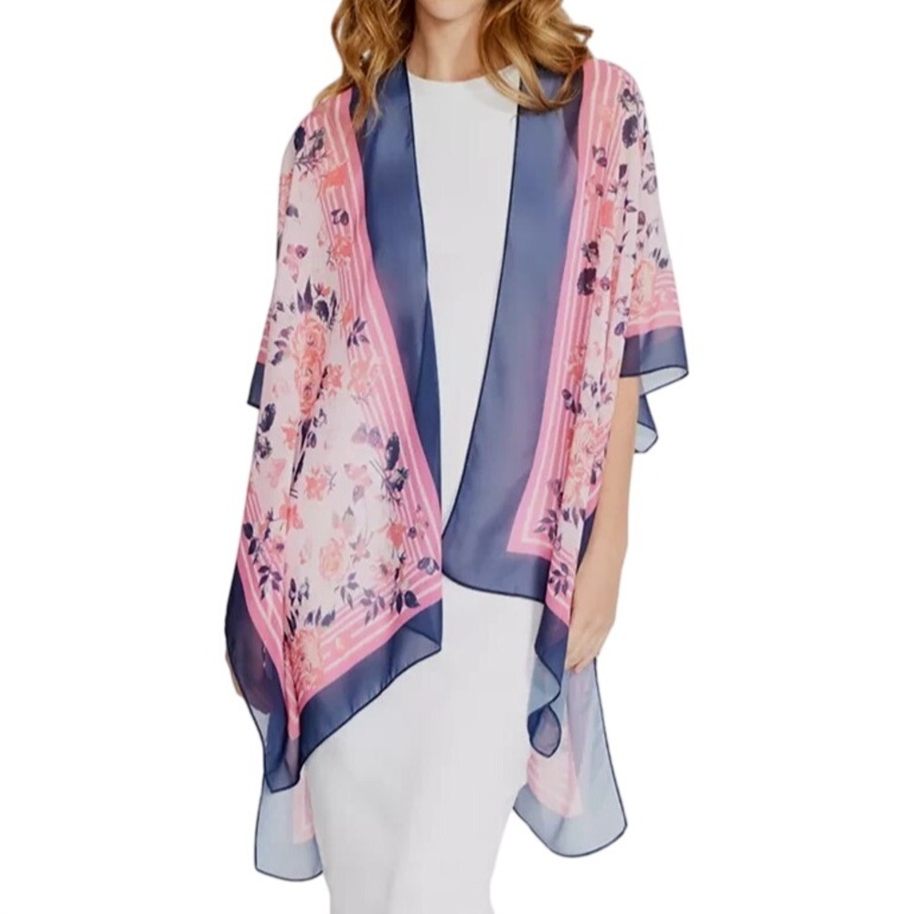 ANNE KLEIN Pink CHIFFON Floral & Stripes OPEN-FRONT Garden Kimono Cardigan OSFM